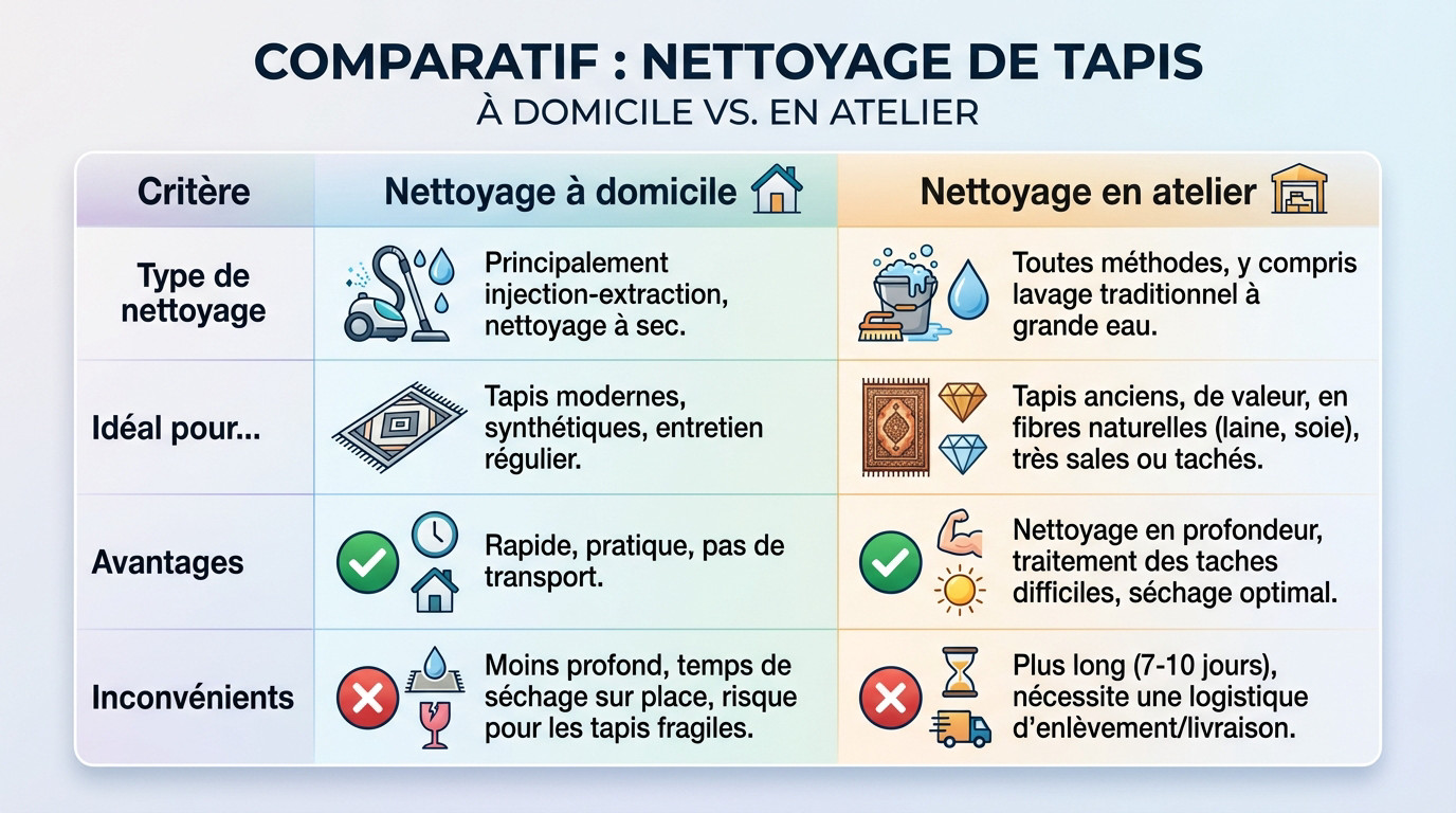 <strong>Comparatif technique nettoyage tapis domicile atelier</strong>